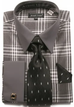 Gray Check Pattern French Cuff Dress Shirt Set