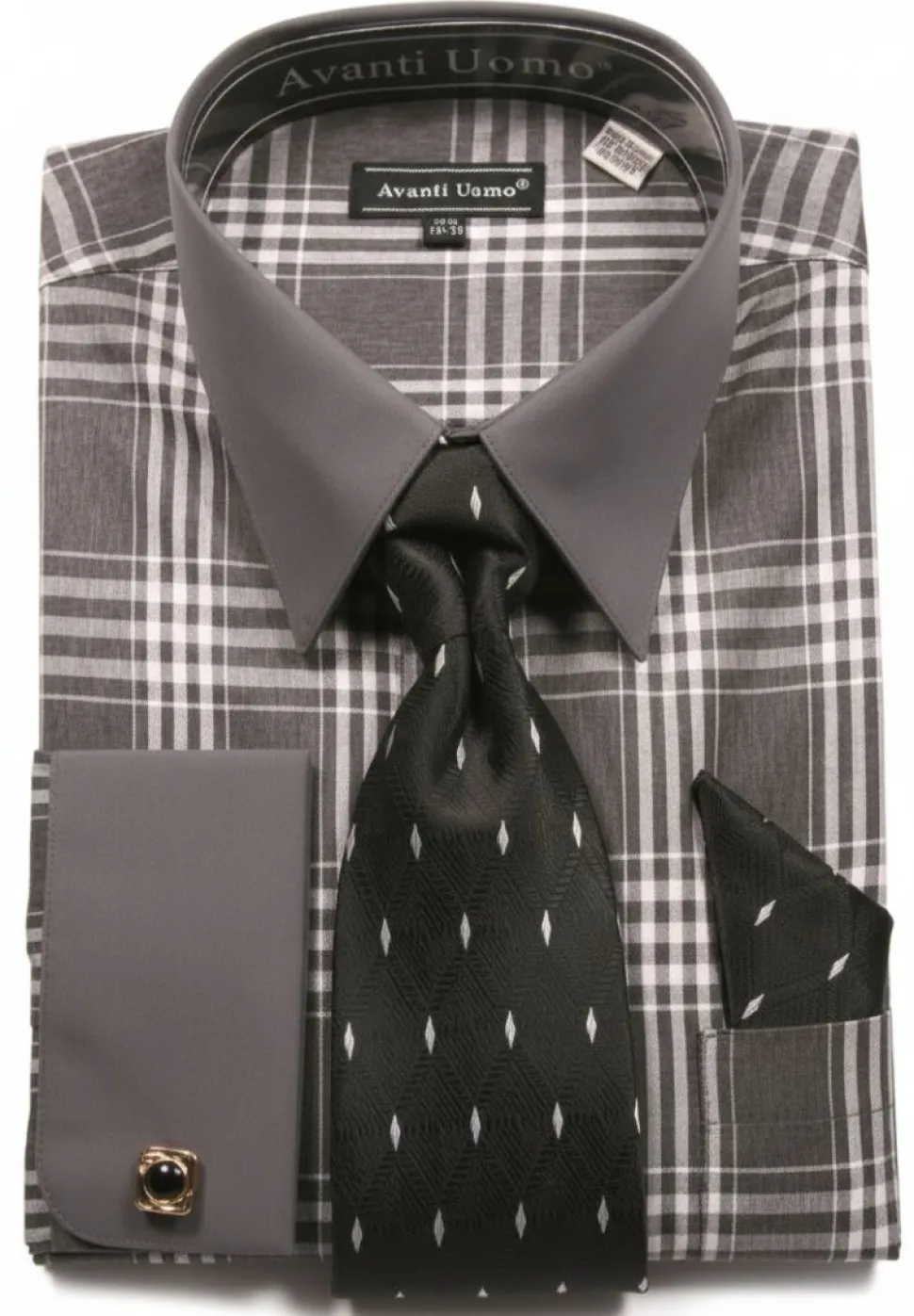 Gray Check Pattern French Cuff Dress Shirt Set
