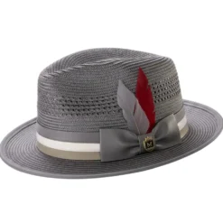Gray Mesh Braided Fedora Hat with Feather Stripe Trim Ribbon Band