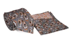 Gray Orange Paisley Pattern Tie and Pocket Square Set