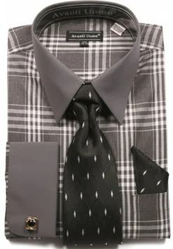 Gray Check Pattern French Cuff Dress Shirt Set