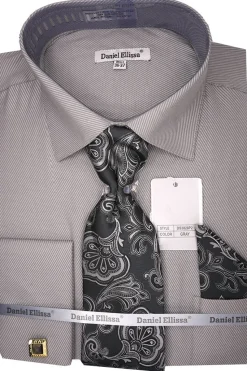 Gray Pin Striped Dress Shirt Set with Tie and Handkerchief