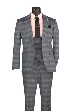 Gray Slim Fit 3 Piece 1 Button Windowpane Suit
