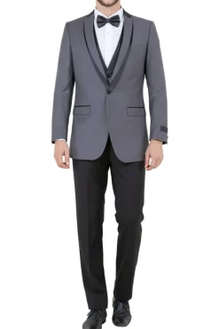 Gray Slim Fit Tuxedo 3 Piece with Satin Shawl Collar Vest