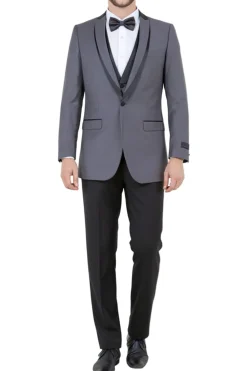 Gray Slim Fit Tuxedo 3 Piece with Satin Shawl Collar Vest