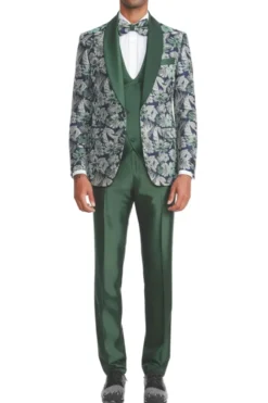 Green Slim Fit 3 Piece Floral Jacquard Tuxedo
