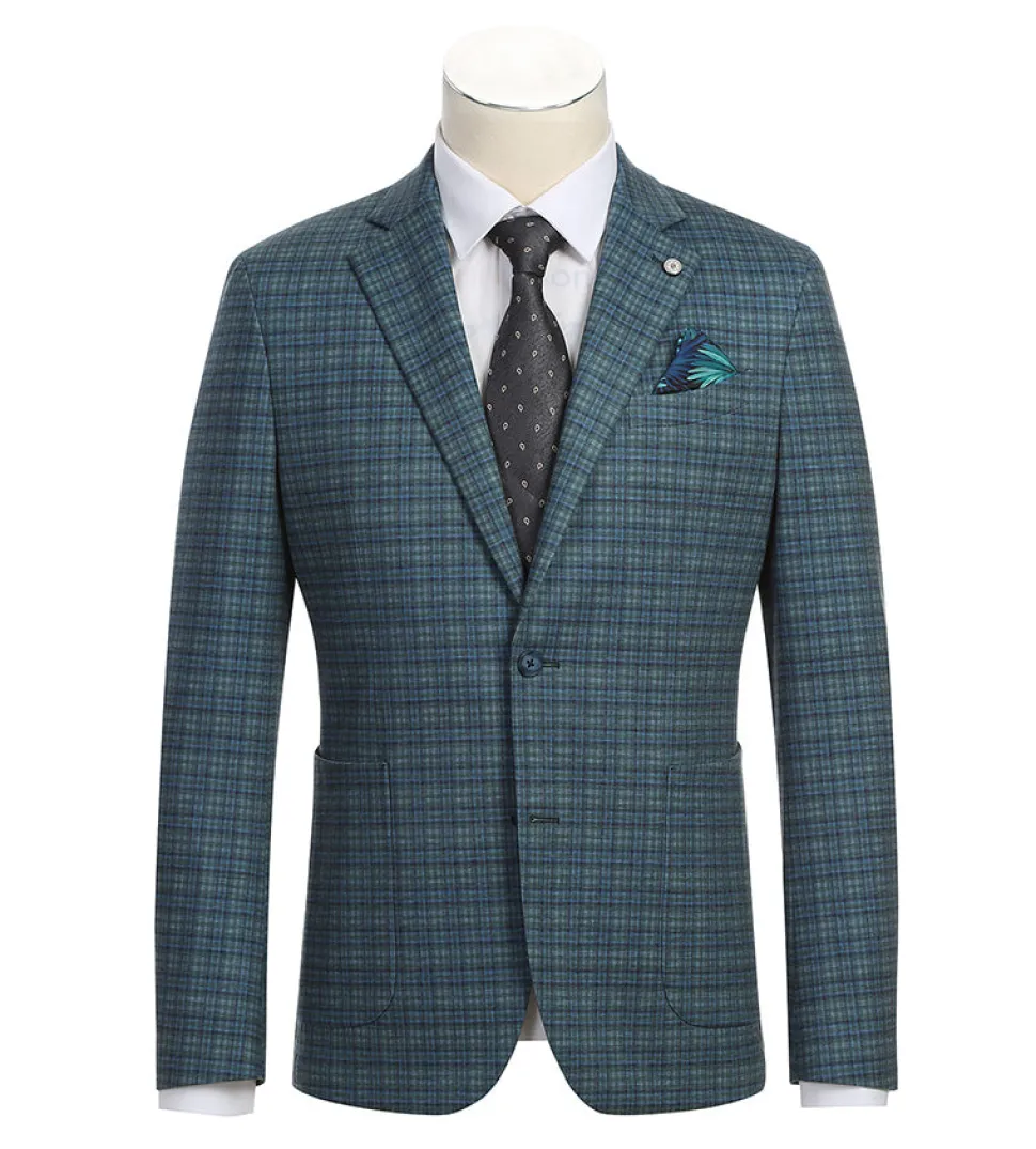 Half Canvas Slim Fit Blazer in Green Blue Check