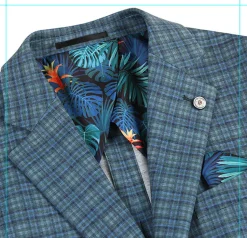 Half Canvas Slim Fit Blazer in Green Blue Check