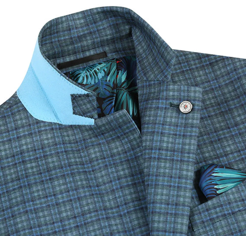 Half Canvas Slim Fit Blazer in Green Blue Check