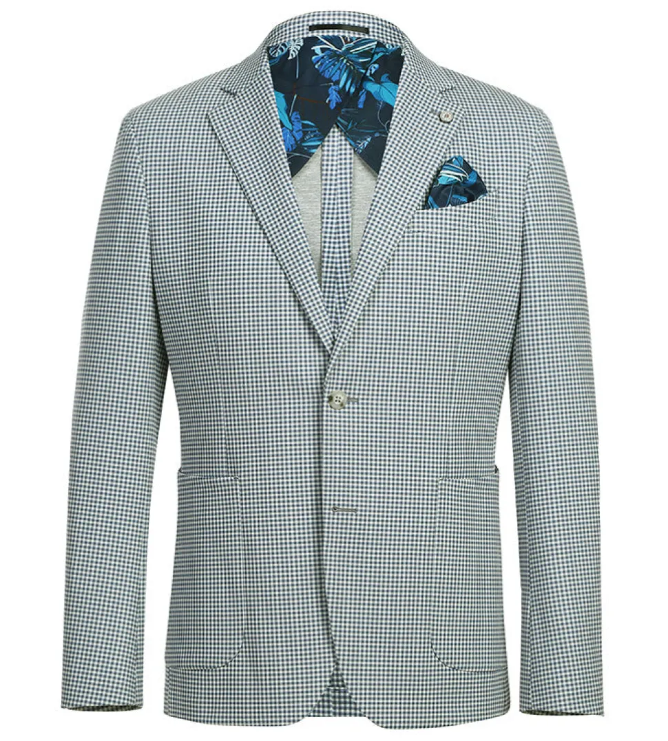 Half Canvas Slim Fit Blazer in Sage Blue Check