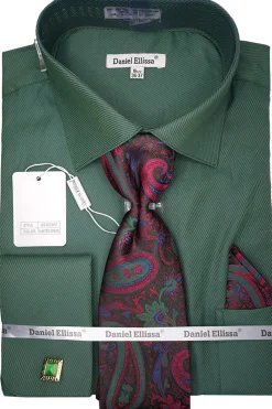 Hunter Green Pin Striped Dress Shirt Set with Tie and Handkerchief