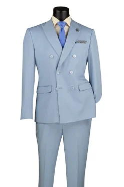 Ice Blue Slim Fit Double Breasted 2 Piece Suit with Adjustable Waistband