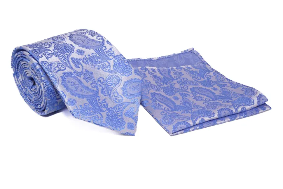 Indigo White Paisley Pattern Men's Tie and Pocket Square Set