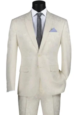 Ivory Tone on Tone Paisley Pattern Slim Fit Men's 2 Piece Suit