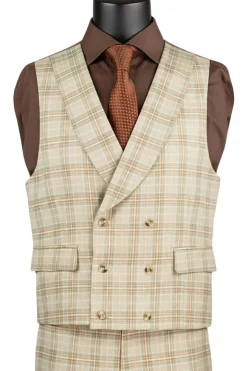 Khaki Modern Fit Windowpane Peak Lapel 3 Piece Suit