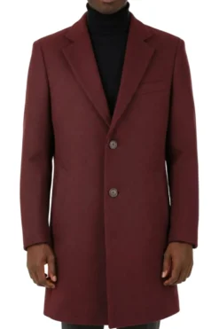 (L) Burgundy Wool Slim Fit 3 Button Top Coat