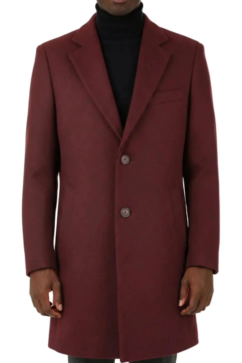 (L) Burgundy Wool Slim Fit 3 Button Top Coat