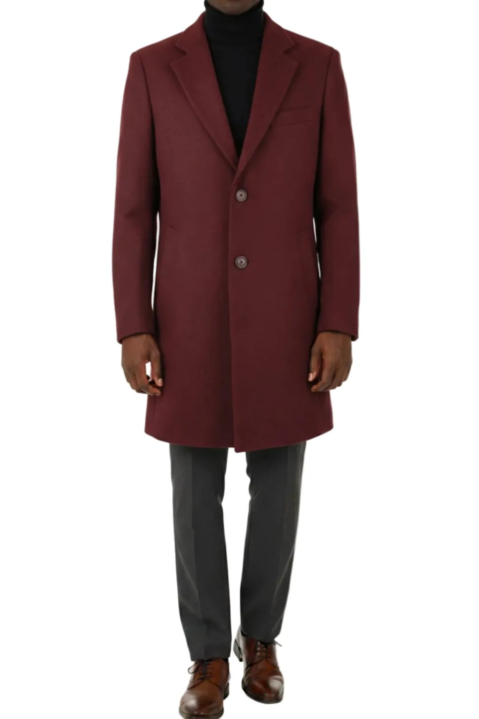 (L) Burgundy Wool Slim Fit 3 Button Top Coat