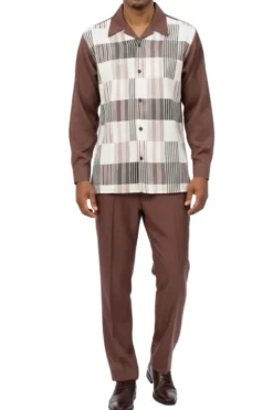 (L) Coffee Plaid Long Sleeve Walking Suit