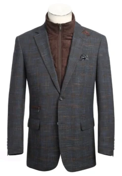 (40L) Gray Regular Fit 2 Button Plaid Blazer with Bib