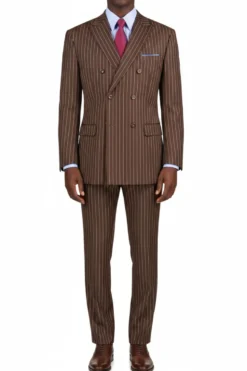 (44L, 50L, 52R) Brown Regular Fit 2 Piece Pinstripe Double Breasted Suit
