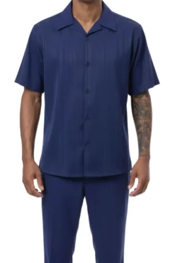 (L) Navy Tone-on-tone Vertical Striped Walking Suit 2 Piece Short Sleeve Set