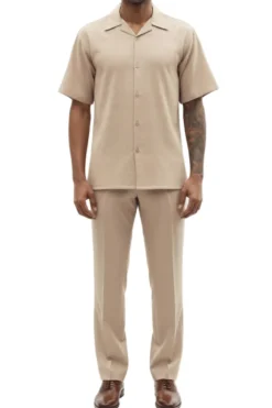 (L, XL) Beige Tone on Tone Detailed Design Walking Suit 2 Piece Short Sleeve Set