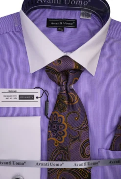 Lavender Pin Striped Dress Shirt Set with Tie and Handkerchief