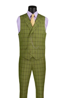 Lazio Collection - Modern Fit Windowpane Suit 3 Piece in Moss Green with Adjustable Waistband Pants
