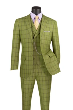 Lazio Collection - Modern Fit Windowpane Suit 3 Piece in Moss Green with Adjustable Waistband Pants