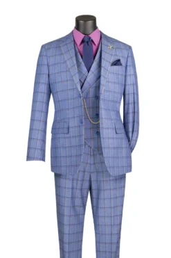 Lazio Collection - Modern Fit Windowpane Suit 3 Piece in Blue with Adjustable Waistband Pants