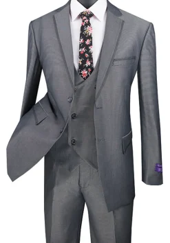 (48L) Birdseye Pattern Modern Fit 3 Piece Charcoal Suit