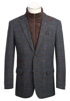 (40L) Gray Regular Fit 2 Button Plaid Blazer with Bib