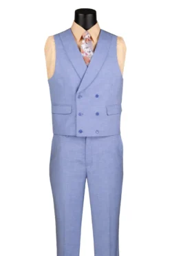 Light Blue Modern Fit 3 Piece Suit with Vest and Adjustable Waistband Pants