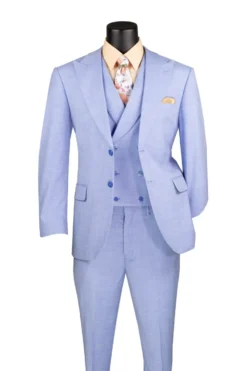 Light Blue Modern Fit 3 Piece Suit with Vest and Adjustable Waistband Pants