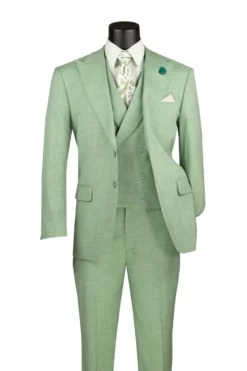 Light Green Modern Fit 3 Piece Suit with Vest and Adjustable Waistband Pants