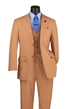 Light Amber Regular Fit 3 Piece Suit with Vest and Adjustable Waistband Pants