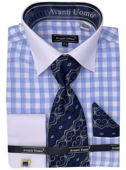 Light Blue Check Dress Shirt Set with Button Cuff