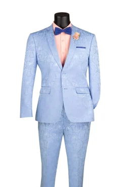 Light Blue Tone on Tone Paisley Pattern Slim Fit Men's 2 Piece Suit