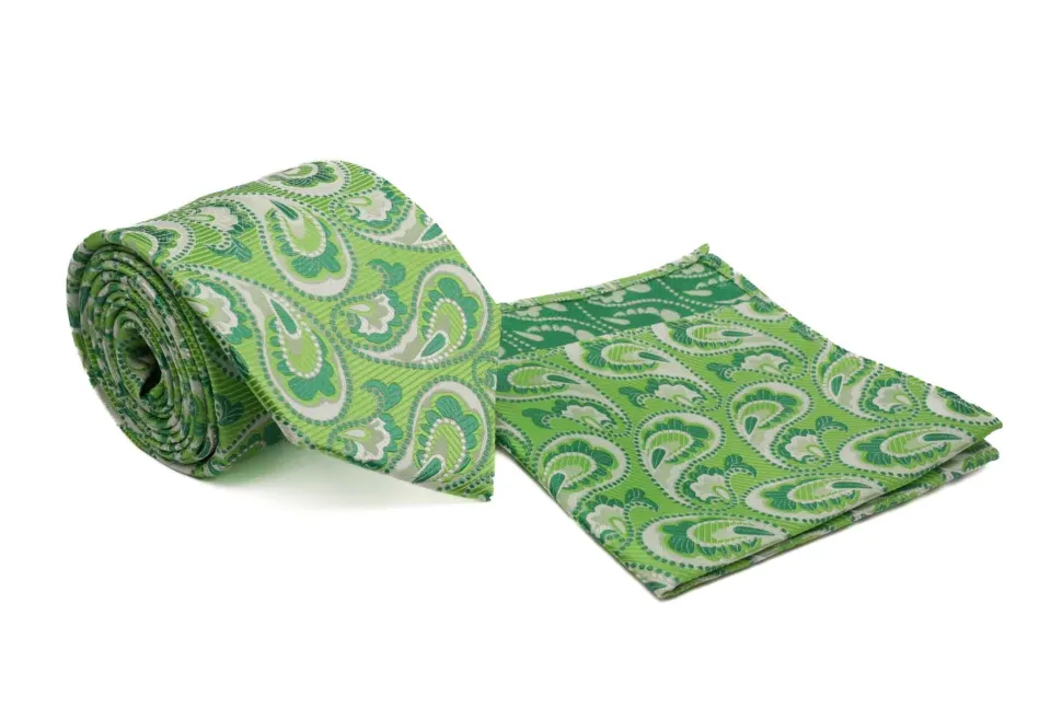 Lime Green Paisley Pattern Men's Tie and Pocket Square Set