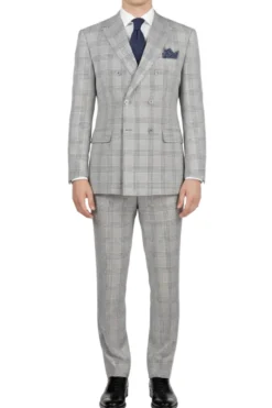 (Limited Sizes) Regular Fit Light Gray Glen Plaid Double Breasted 2-Piece Suit