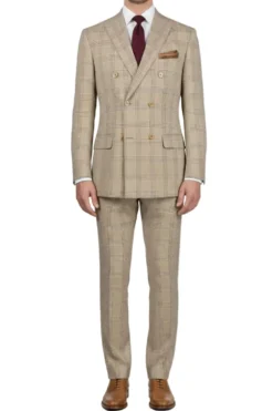 (Limited Sizes) Regular Fit Beige Glen Plaid Double Breasted 2-Piece Suit