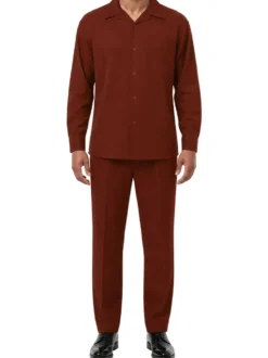 Long Sleeve Walking Suit 2 Piece Set with Flexible Waist Pants in Maroon