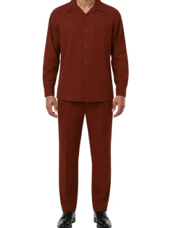 Long Sleeve Walking Suit 2 Piece Set with Flexible Waist Pants in Maroon