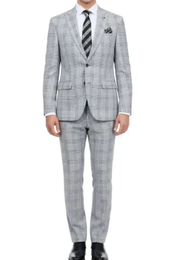 (42L, 48R) Slim Fit Gray 2 Piece Glen Plaid Suit