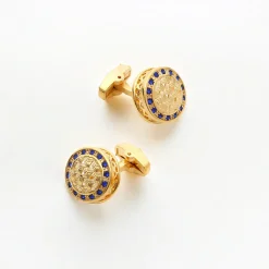 Luxury Gold Geometric Cufflinks with Blue Rhinestone Border
