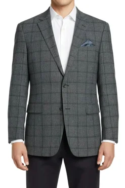 (44L) Wool Blend Plaid Pattern Regular Fit 2 Button Blazer in Grayish Brown
