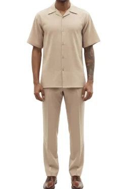 (L, XL) Beige Tone on Tone Detailed Design Walking Suit 2 Piece Short Sleeve Set