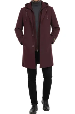 (M) Burgundy Wool Slim Fit Top Coat with Hoodie