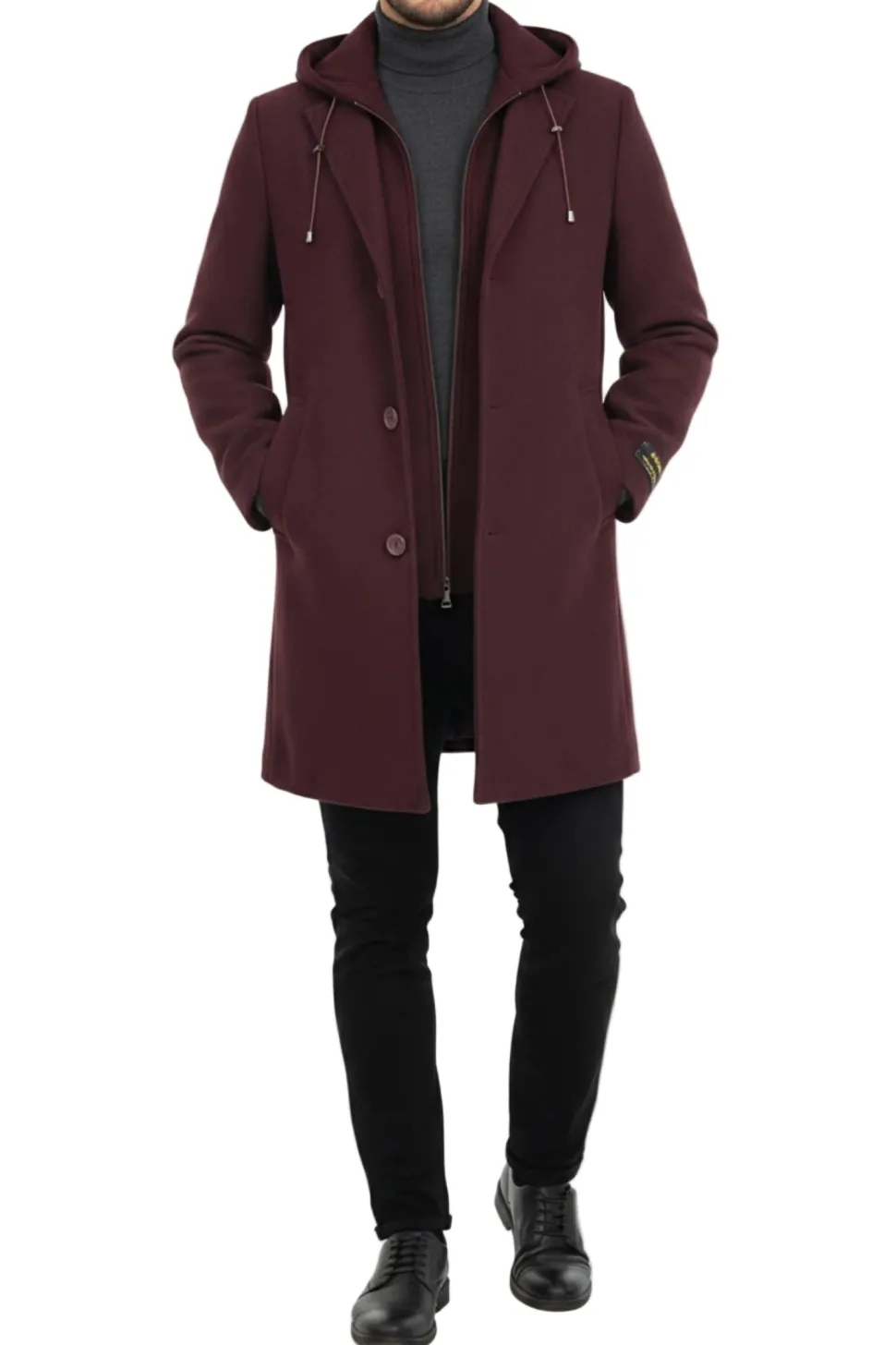 (M) Burgundy Wool Slim Fit Top Coat with Hoodie